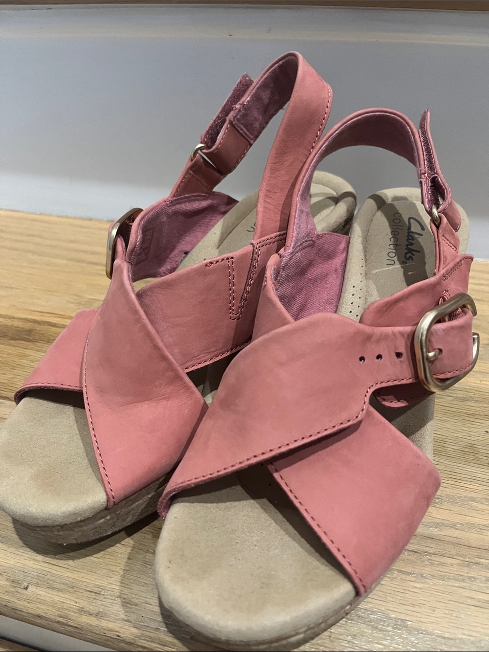 Clarks Coral Pink Crisscross Cork Wedge Sandals - Picture 4 of 6